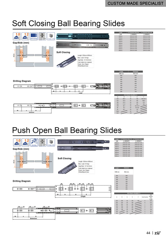 Push Open Soft Close Ball Bearing Slides