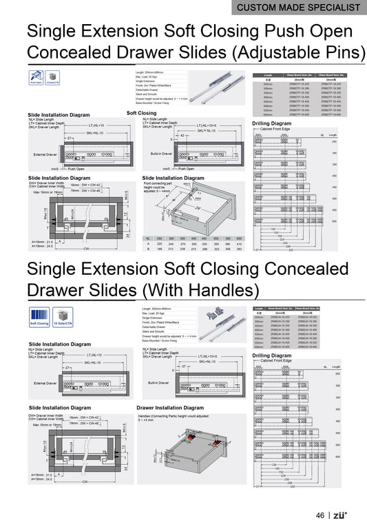 Single Extension Soft Close Push Open Concealed Drawer Slide