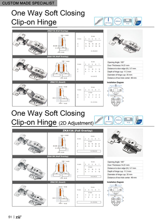 One Way Soft Close Clip on Door Hinge (2D/3D Adjustment)
